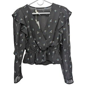 WAYF Size S Womens Blouse Ruffles Smocked Peplum Dark Floral V Neck NWT Coquette